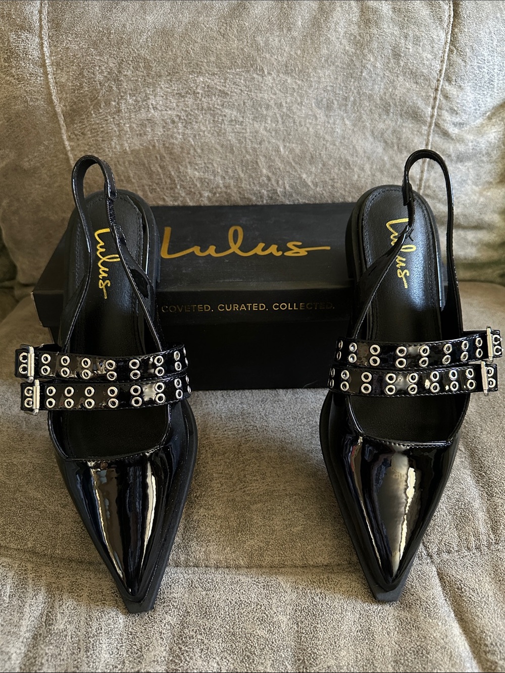 Lulu's Black Patent Pointed Slingback Mules with Grommet Straps